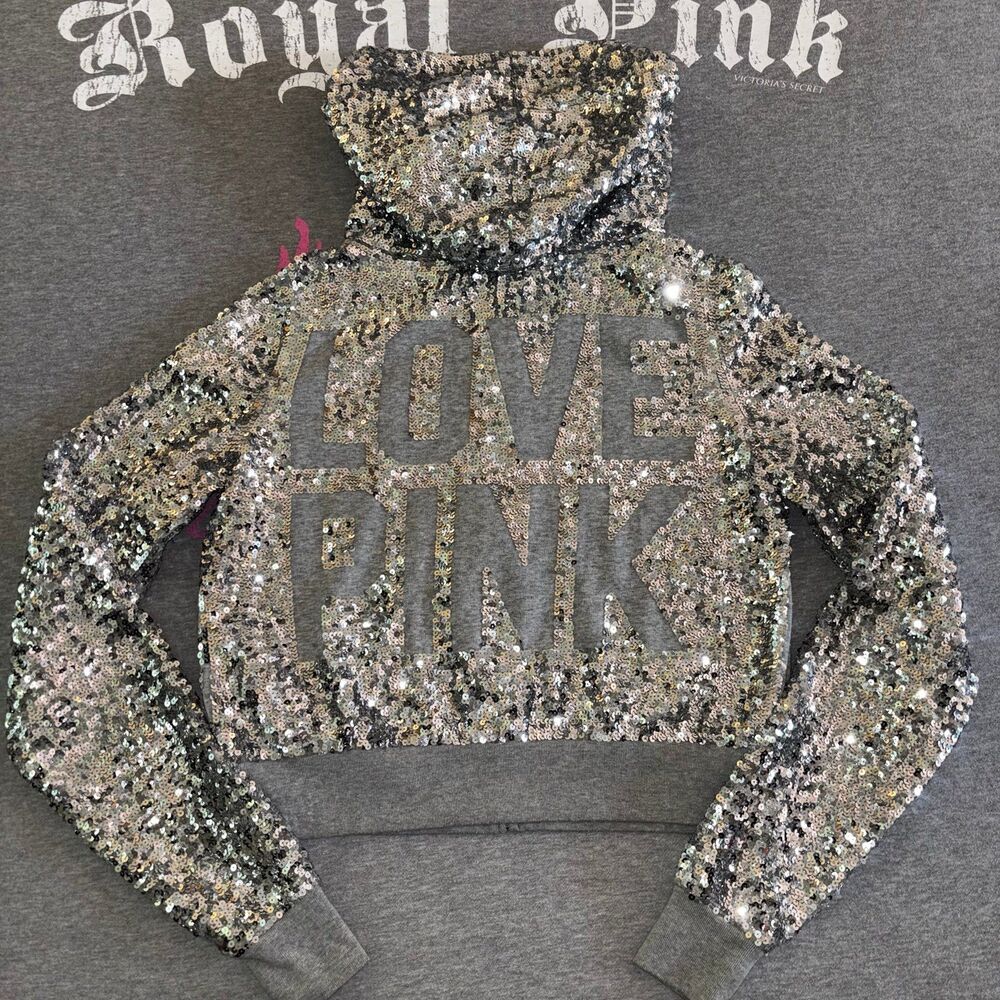 Rare Vintage Gray VS PINK Bling Silver Sequin LOVE PINK Fashion Show Hoodie MD